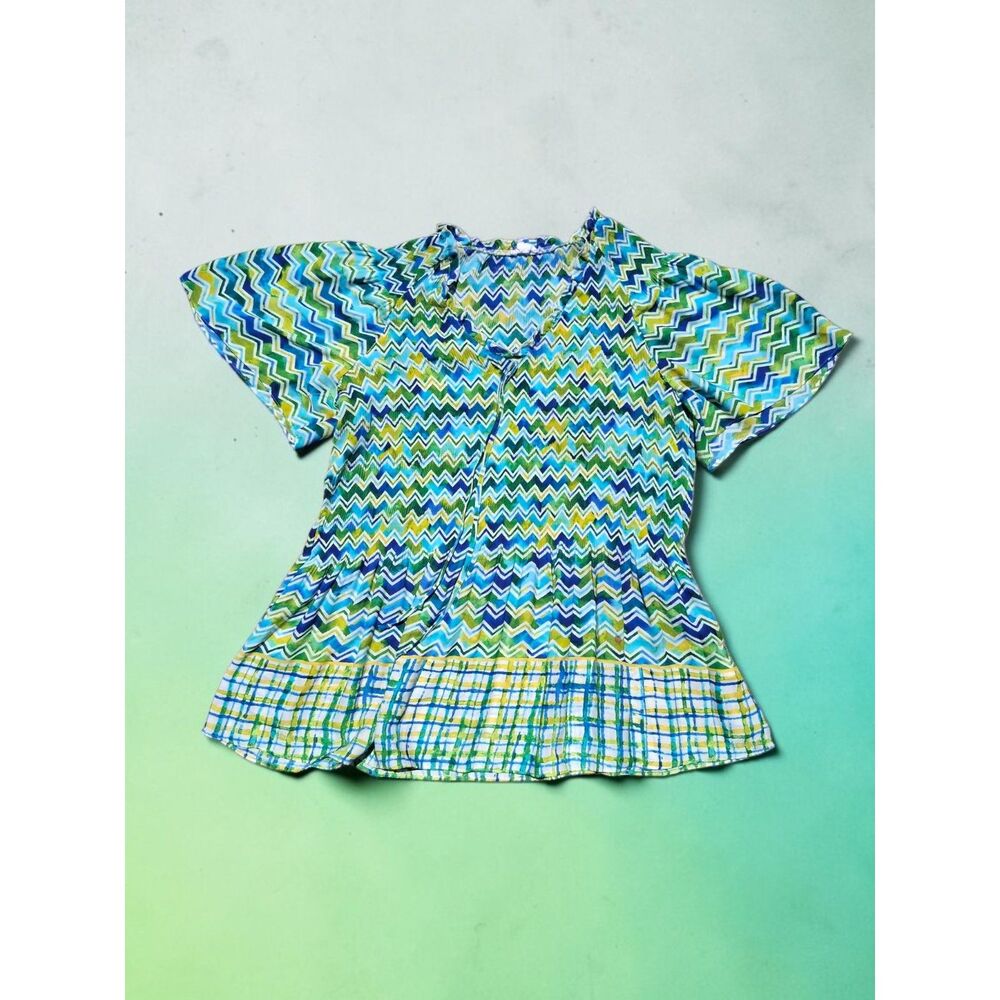 Chloe + Rene Women's 2X Chevron Print Flutter Sleeve V-Neck Boho Top- Defect